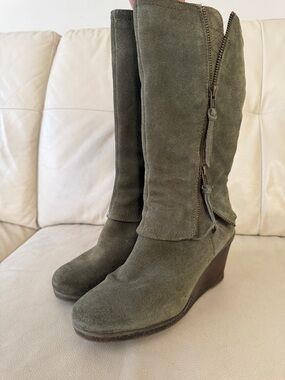 Women's Olive Suede Wedge Boots - Stylish Knee Boot